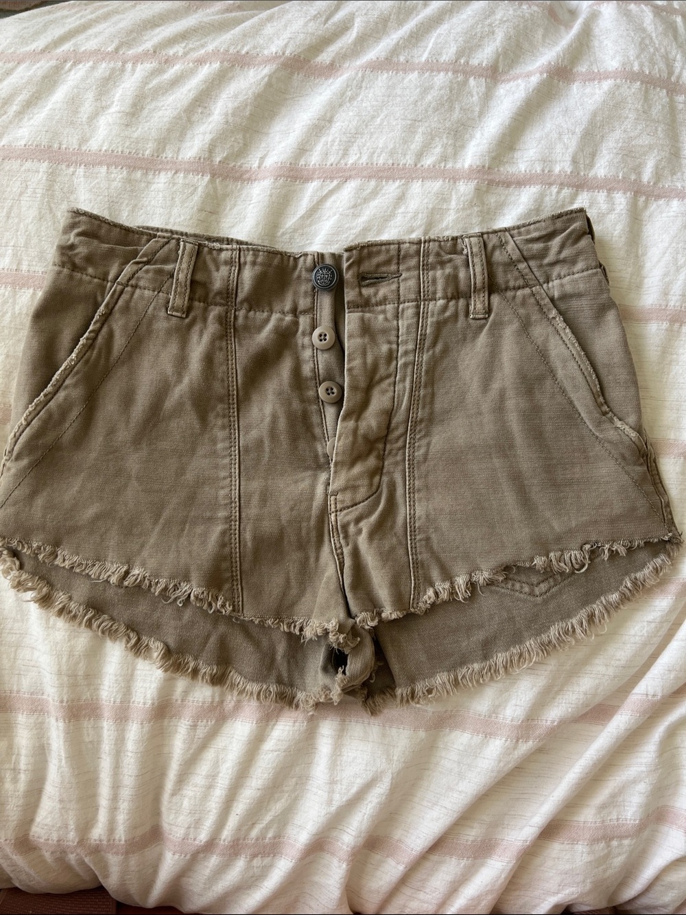 Free People Raw Hem Tan Khaki Shorts Size 2 Button Fly